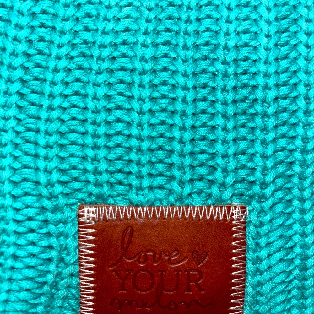 Teal Knit Beanie with Leather Patch 100% thick cable knit cotton hat skully cap - Picture 6 of 7